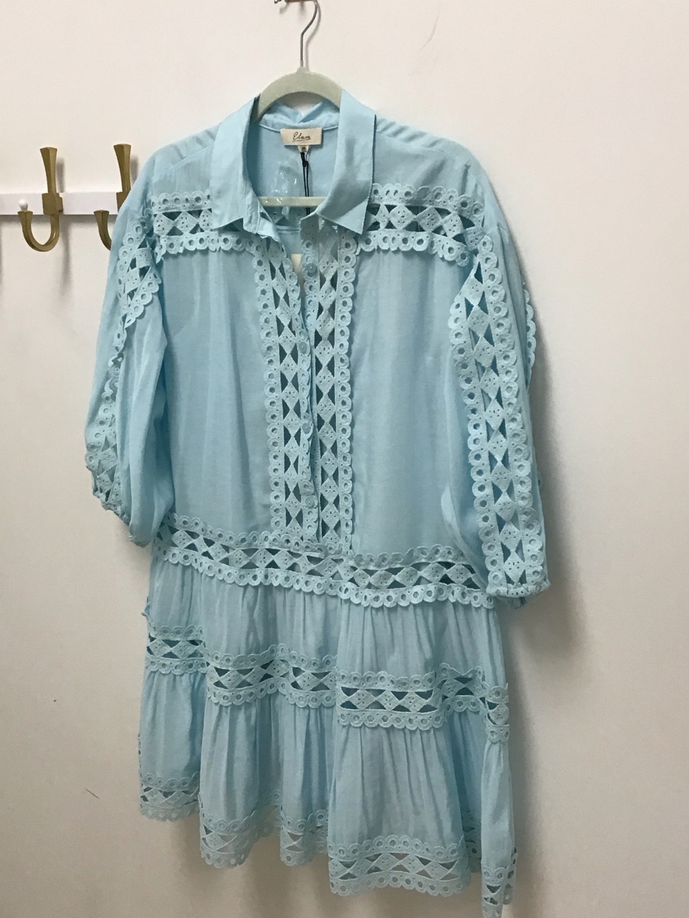 Elan Light Blue eyelet Lace-Trim Tiered Women's Dress